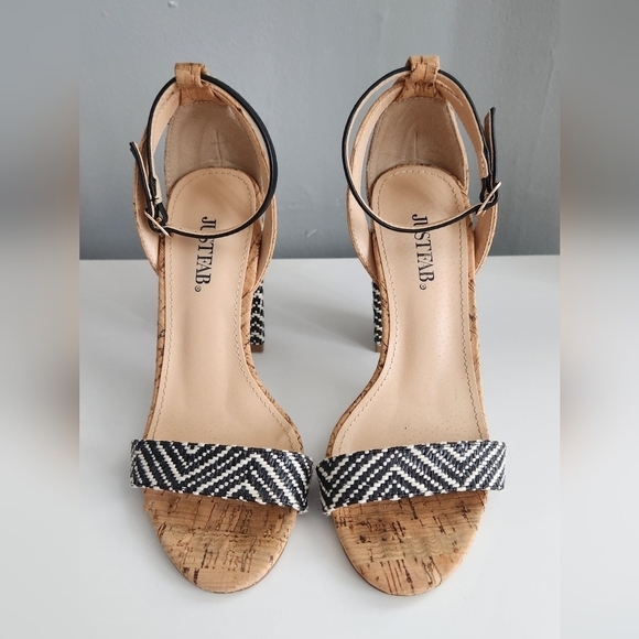 JustFab Strappy Block Heel. size 6 cork block heels black and white - Picture 1 of 4